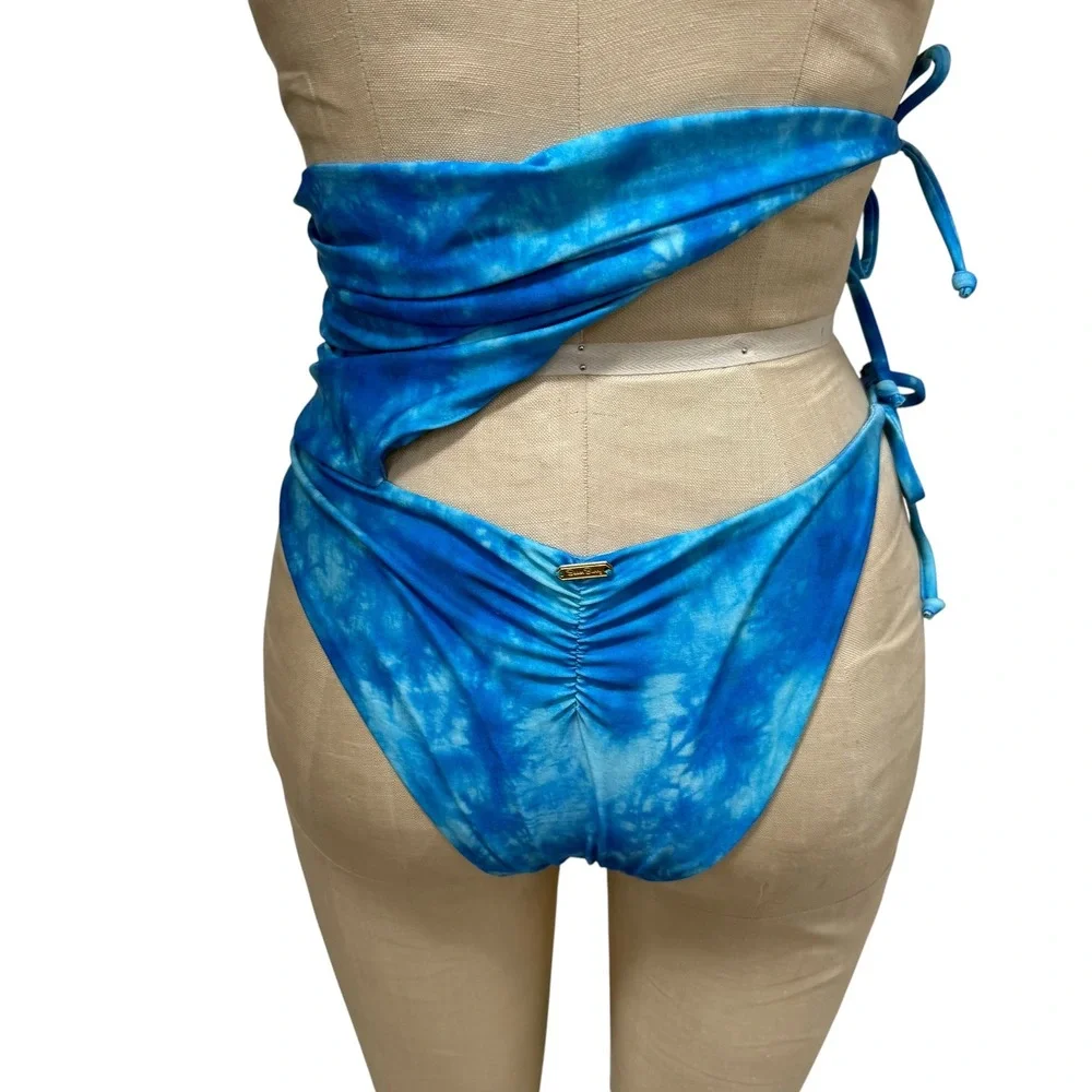 NEW Beach Bunny Bikini Bottoms Size L Blue Double Adjustable Wrap Scrunch Ties